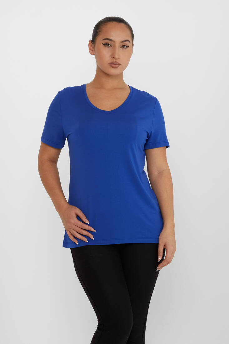 Kadın Bluz Bisiklet Yaka Basic Saks - 80014 | KAZEE