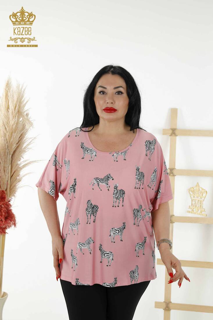 Kadın Bluz Zebra Desenli Pembe - 77690 | KAZEE