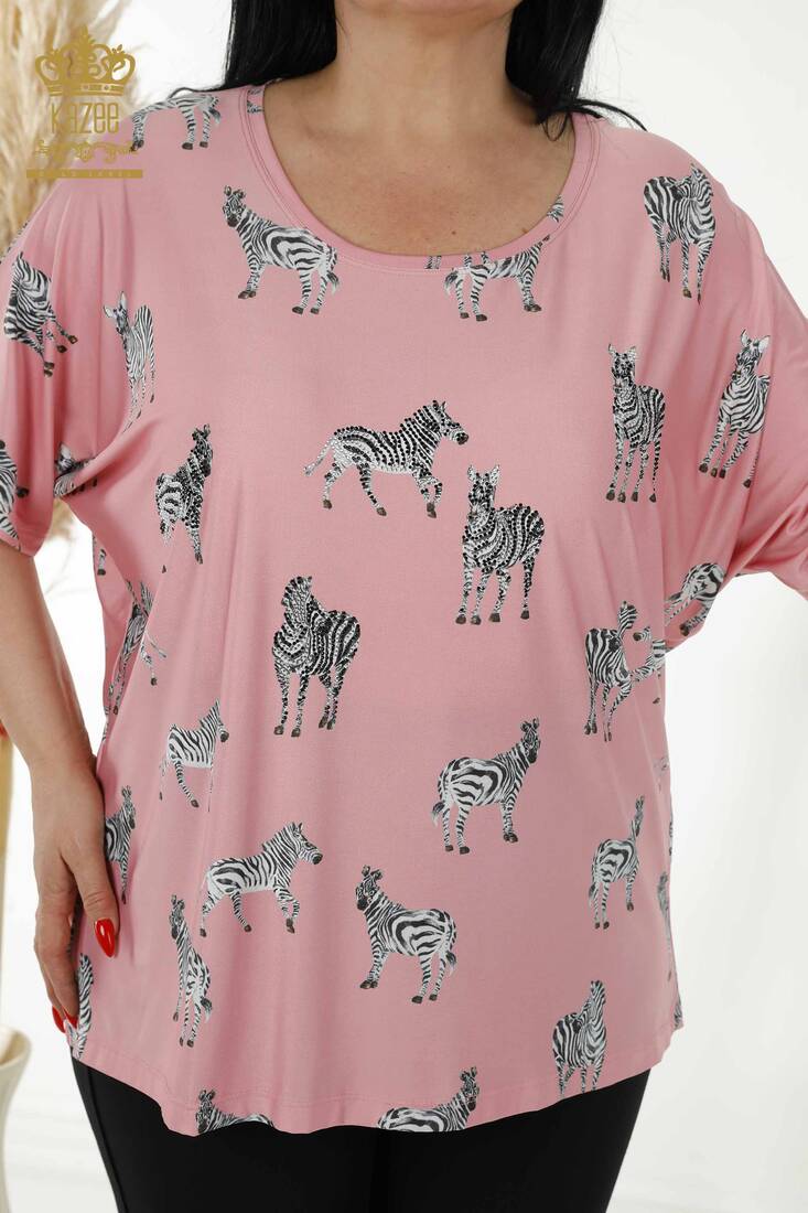 Kadın Bluz Zebra Desenli Pembe - 77690 | KAZEE