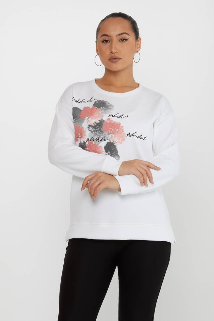 Kadın Sweatshirt Boncuk Detaylı Ekru - 17806 | KAZEE