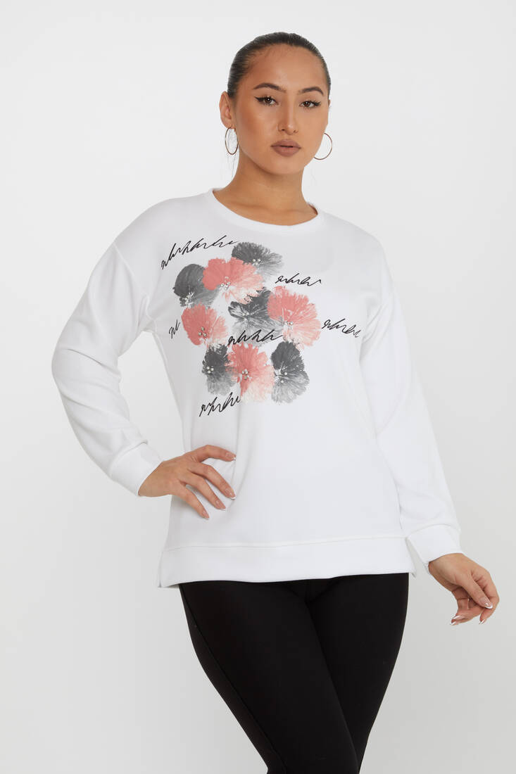 Kadın Sweatshirt Boncuk Detaylı Ekru - 17806 | KAZEE