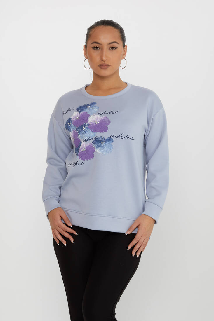 Kadın Sweatshirt Boncuk Detaylı Mavi - 17806 | KAZEE