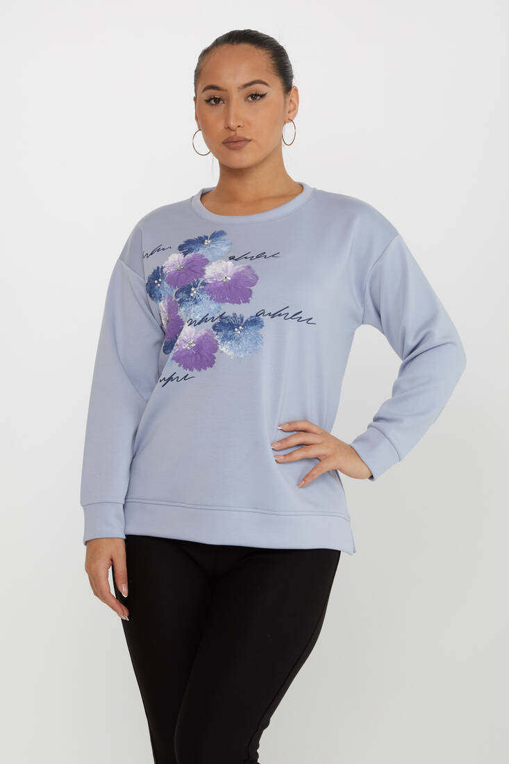 Kadın Sweatshirt Boncuk Detaylı Mavi - 17806 | KAZEE