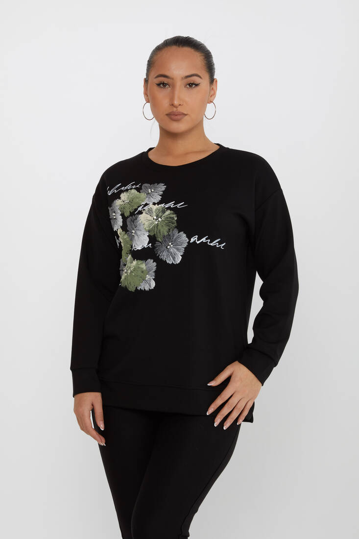 Kadın Sweatshirt Boncuk Detaylı Siyah - 17806 | KAZEE