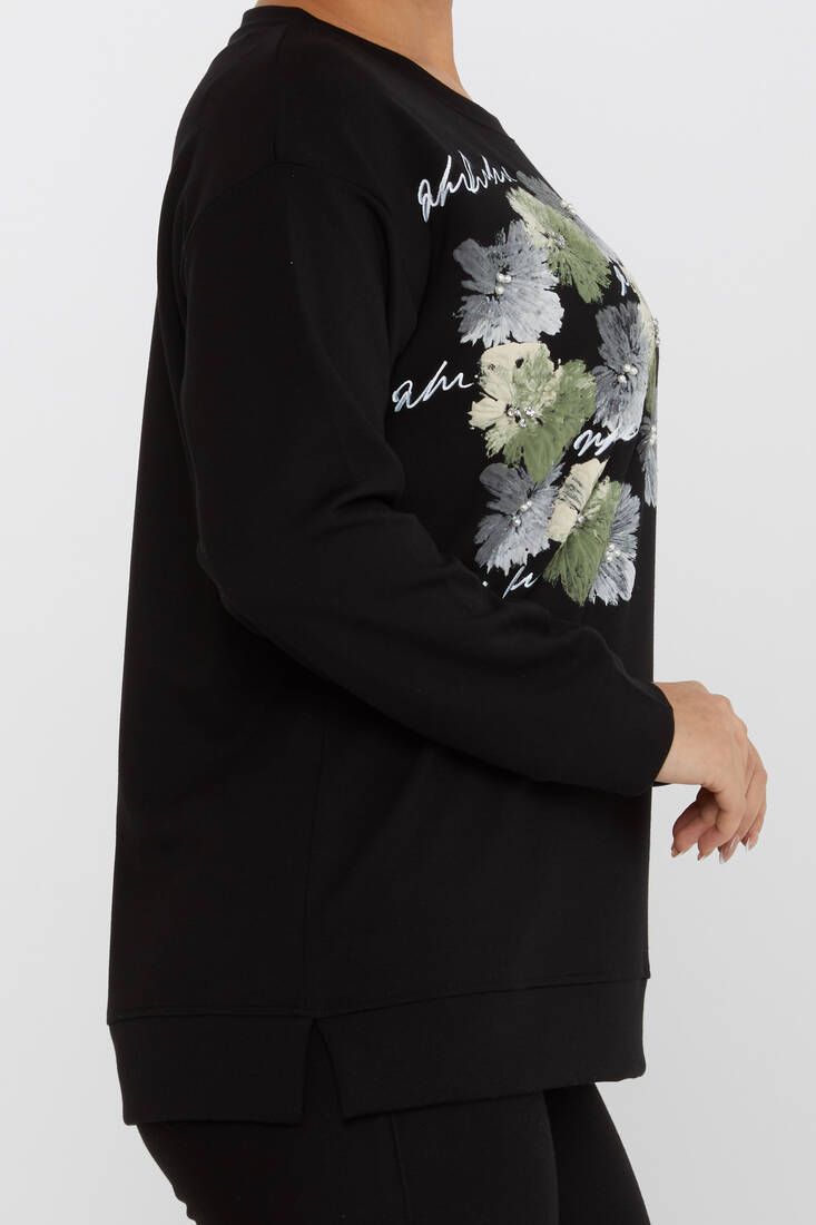 Kadın Sweatshirt Boncuk Detaylı Siyah - 17806 | KAZEE