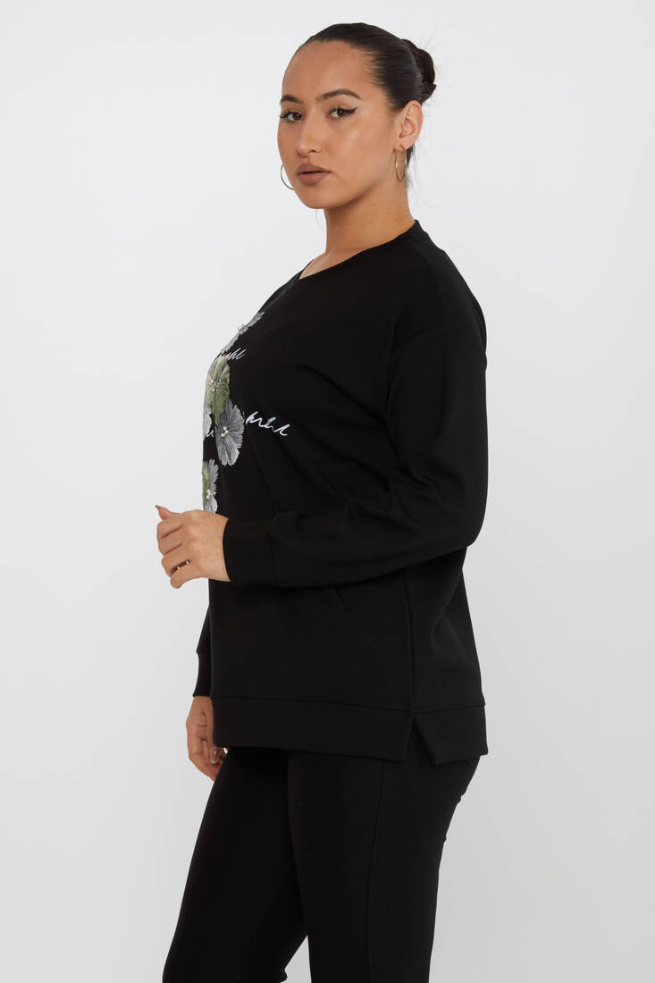 Kadın Sweatshirt Boncuk Detaylı Siyah - 17806 | KAZEE