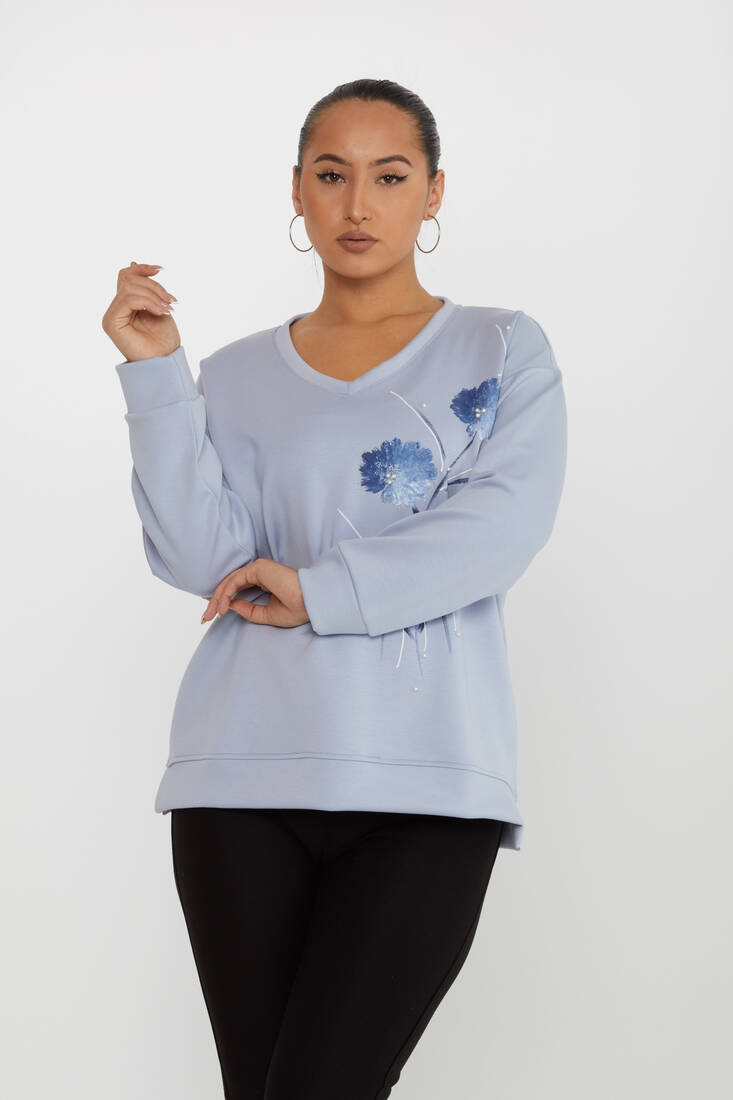 Kadın Sweatshirt Çiçek Desenli Mavi - 17817 | KAZEE