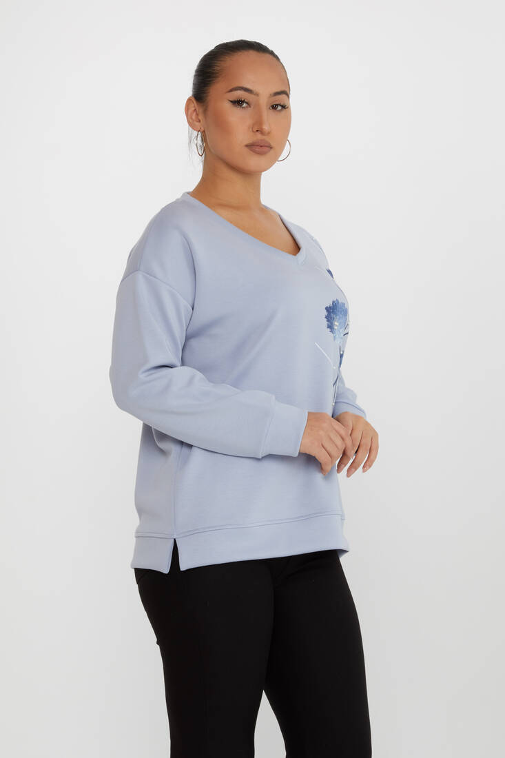 Kadın Sweatshirt Çiçek Desenli Mavi - 17817 | KAZEE