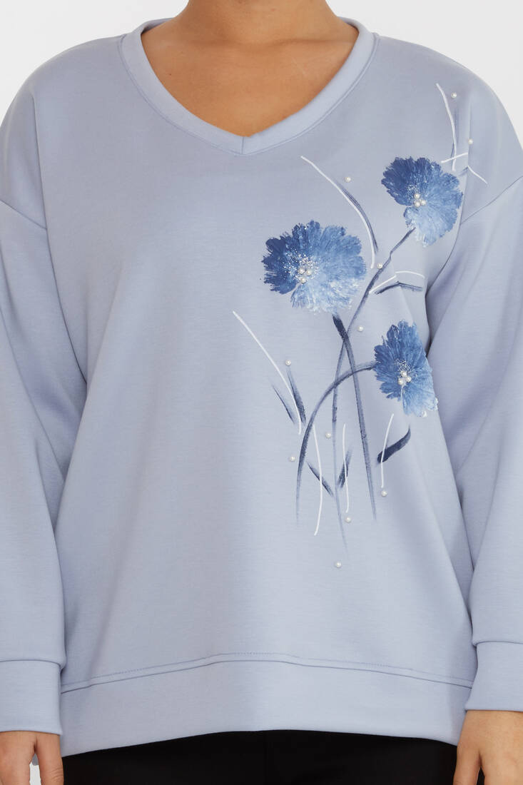 Kadın Sweatshirt Çiçek Desenli Mavi - 17817 | KAZEE