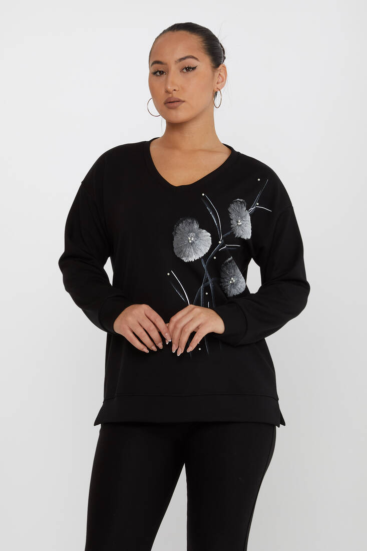 Kadın Sweatshirt Çiçek Desenli Siyah - 17817 | KAZEE