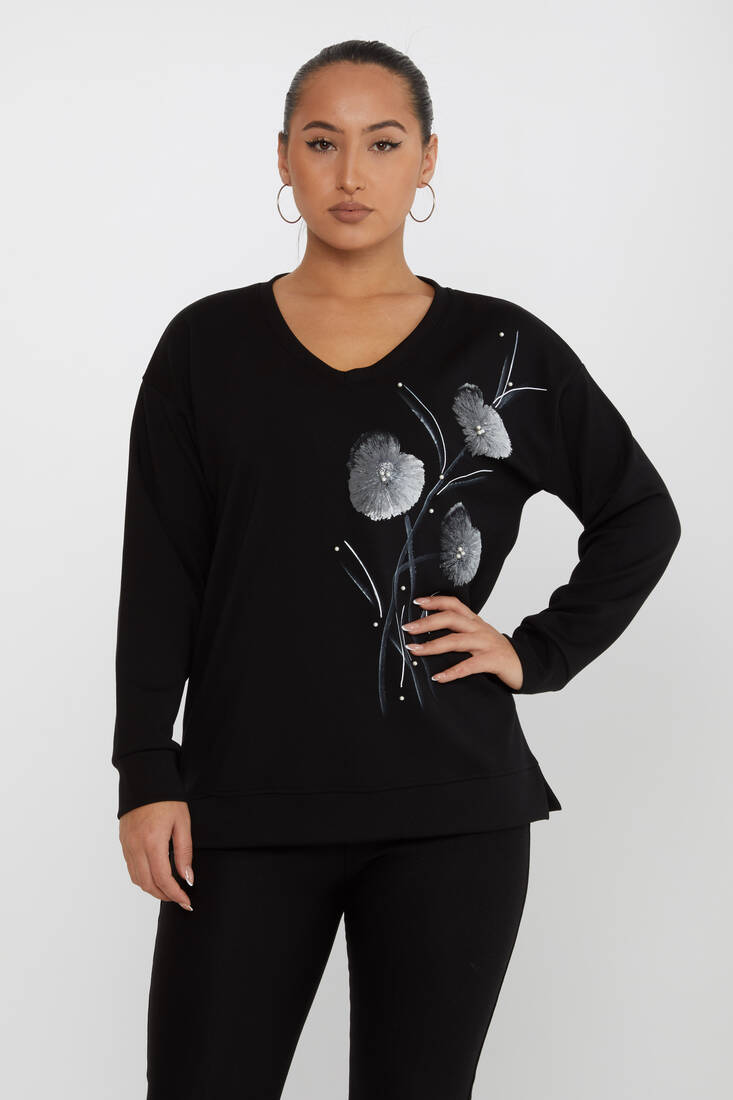 Kadın Sweatshirt Çiçek Desenli Siyah - 17817 | KAZEE