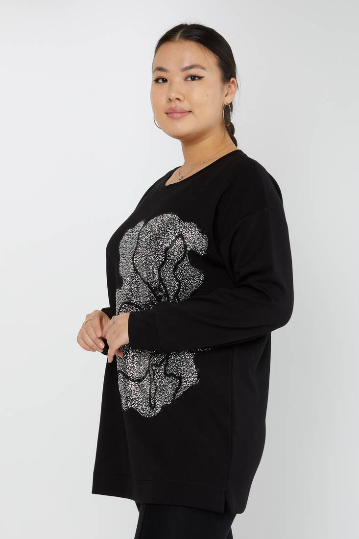 Kadın Sweatshirt Çiçek Desenli Taşlı Siyah - 17803| KAZEE