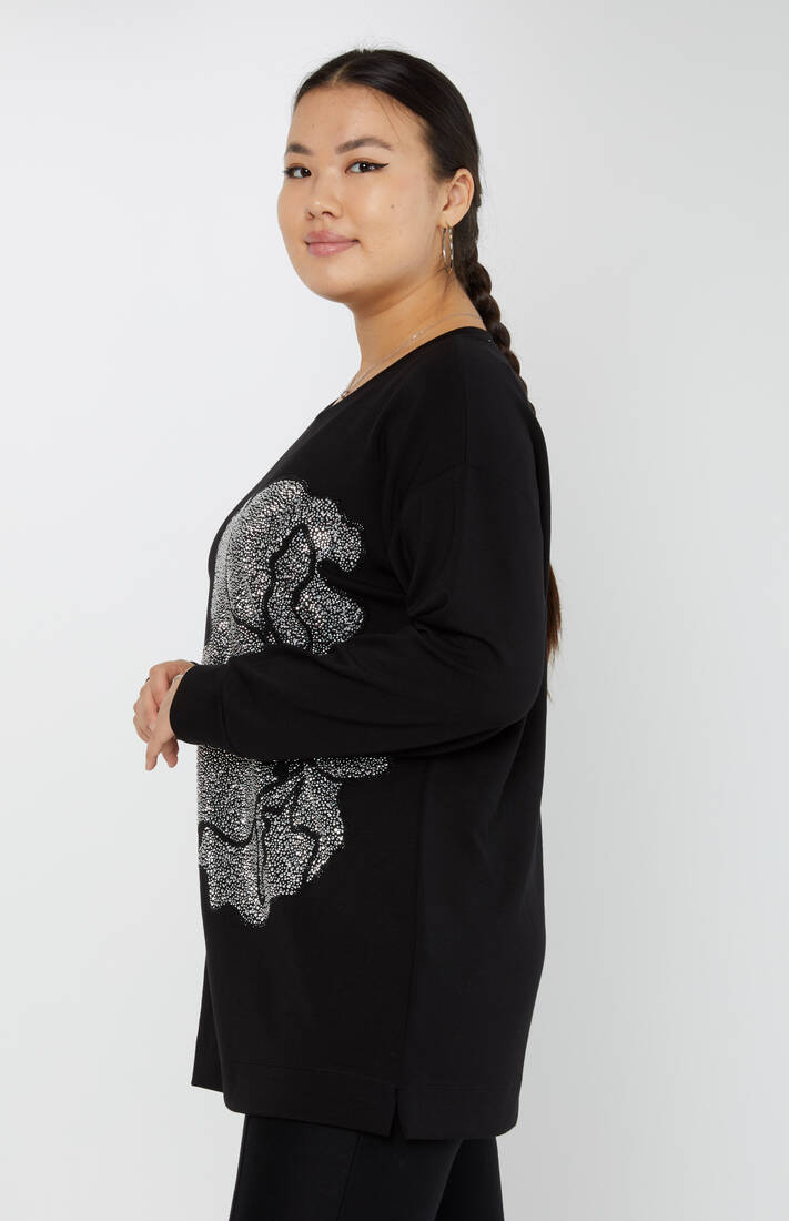 Kadın Sweatshirt Çiçek Desenli Taşlı Siyah - 17803| KAZEE