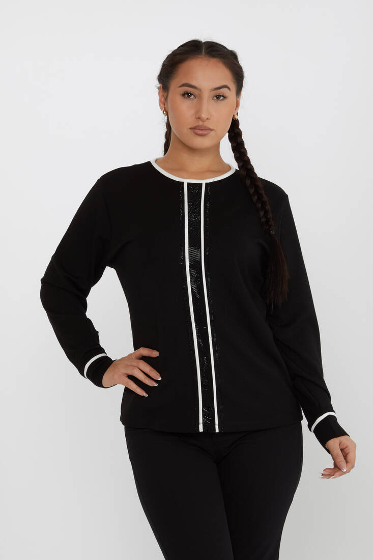 Kadın Sweatshirt Çizgi Detaylı Siyah - 2244 | KAZEE