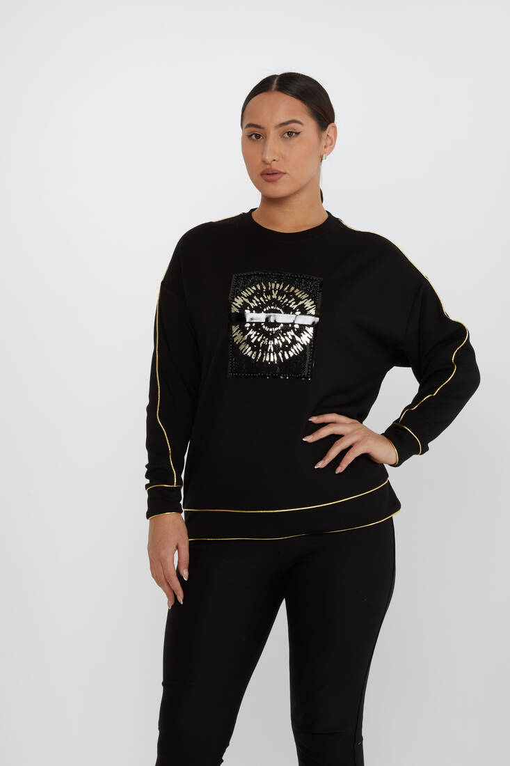 Kadın Sweatshirt Desenli Siyah-Altın - 2232 | KAZEE