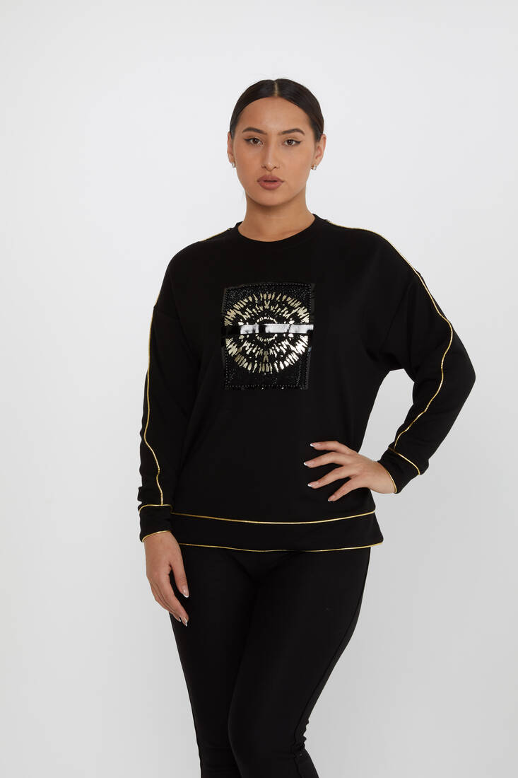 Kadın Sweatshirt Desenli Siyah-Altın - 2232 | KAZEE