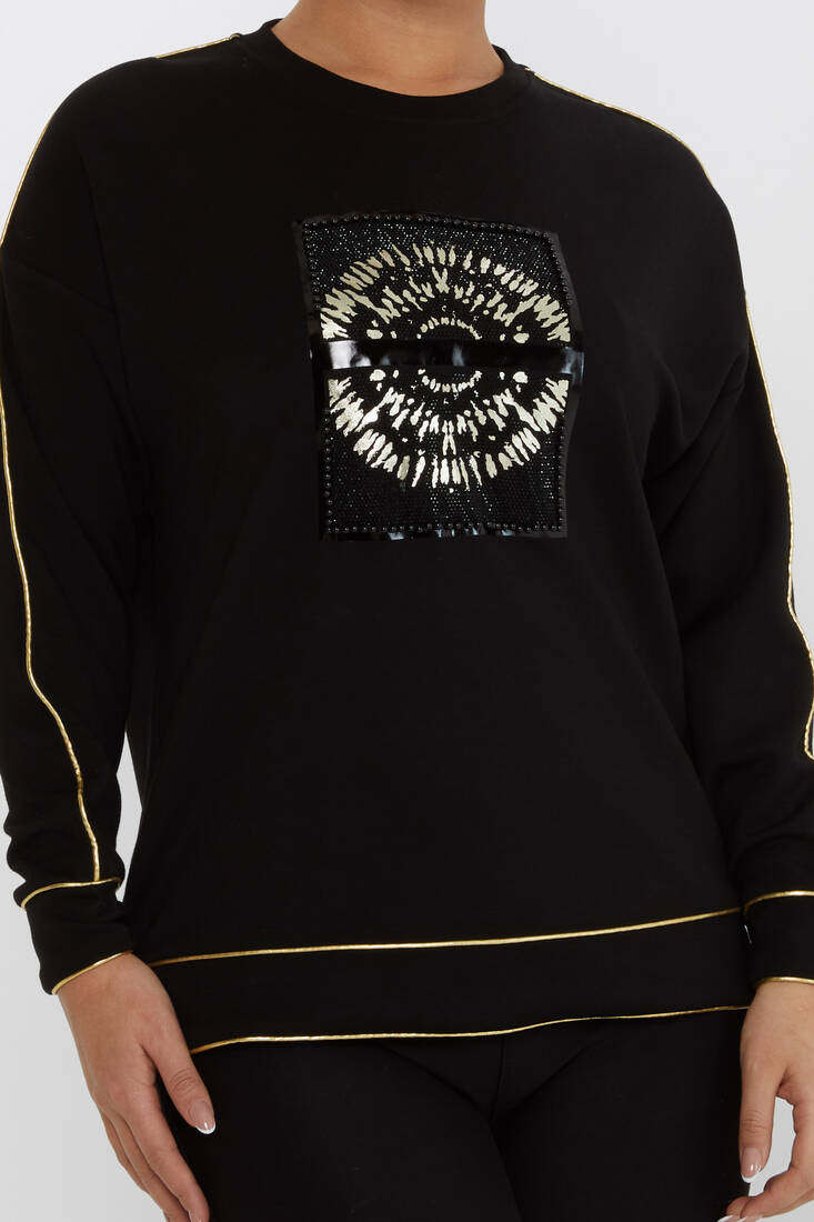 Kadın Sweatshirt Desenli Siyah-Altın - 2232 | KAZEE