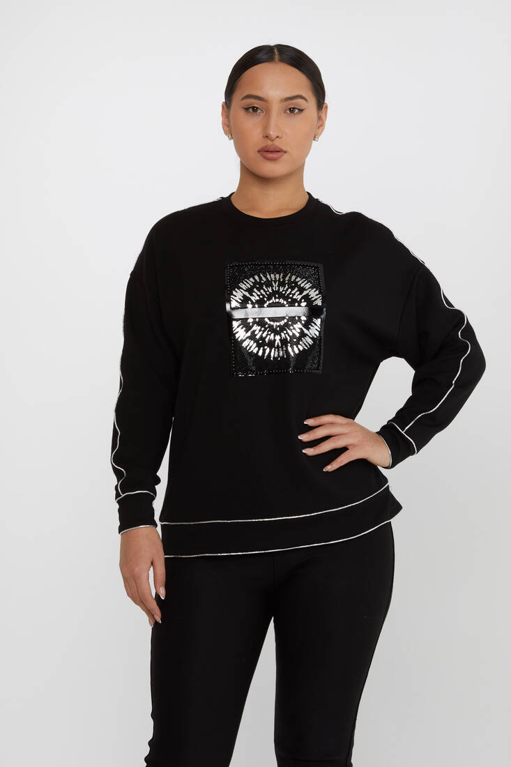 Kadın Sweatshirt Desenli Siyah-Gümüş - 2232 | KAZEE