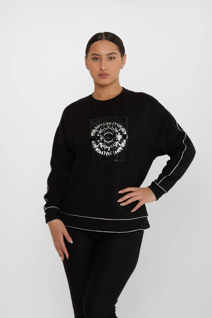 Kadın Sweatshirt Desenli Siyah-Gümüş - 2232 | KAZEE