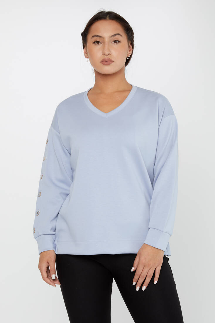 Kadın Sweatshirt Kolları Düğme Detaylı Mavi - 17795 | KAZEE