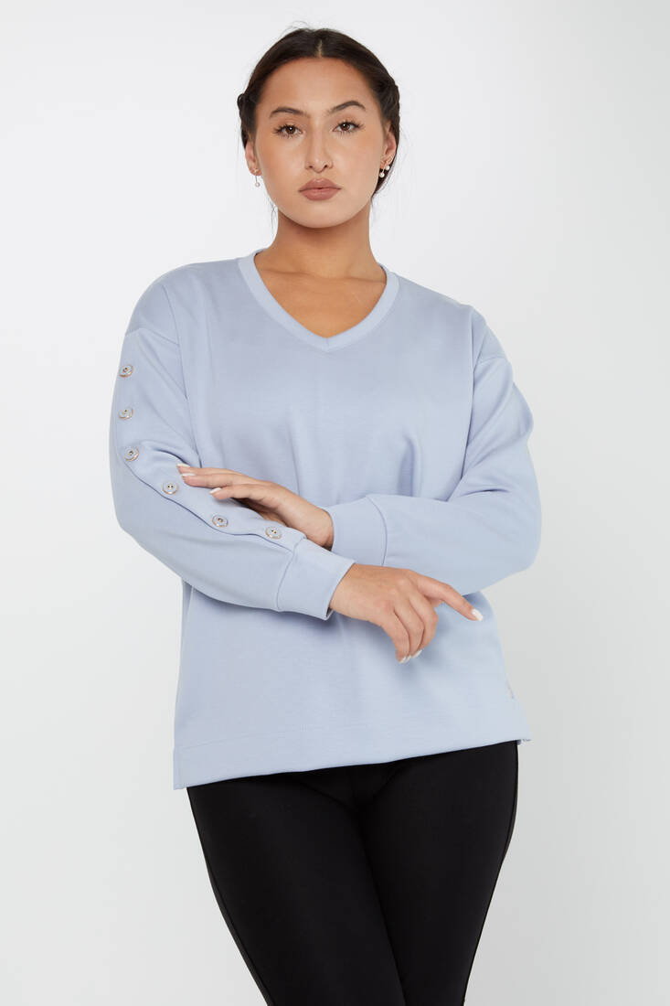 Kadın Sweatshirt Kolları Düğme Detaylı Mavi - 17795 | KAZEE