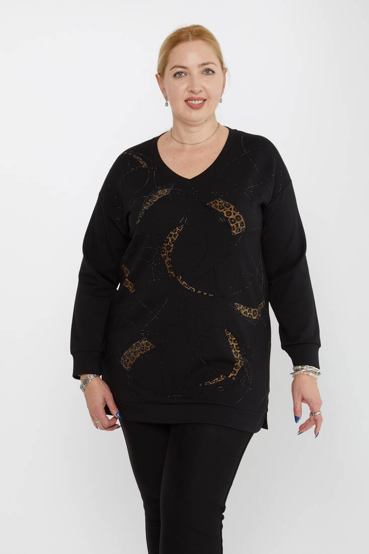 Kadın Sweatshirt Leopar Taş Detaylı Siyah - 80099 | KAZEE