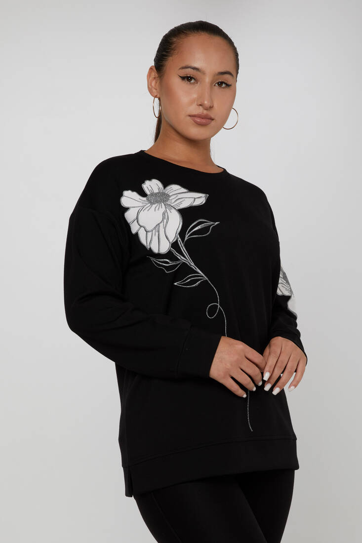 Kadın Sweatshirt Nakış İşlemeli Siyah - 17809 | KAZEE