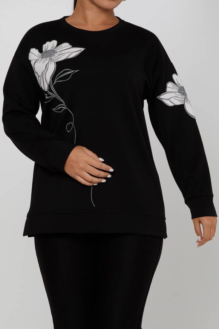 Kadın Sweatshirt Nakış İşlemeli Siyah - 17809 | KAZEE