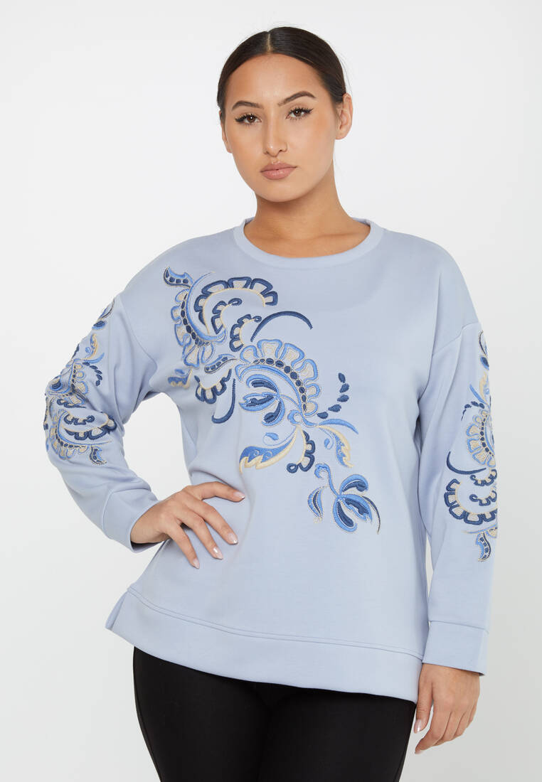 Kadın Sweatshirt Nakışlı Desenli Mavi - 17782 | KAZEE