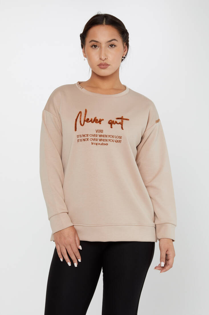 Kadın Sweatshirt Nakışlı Yazı Detaylı Bej - 17785 | KAZEE