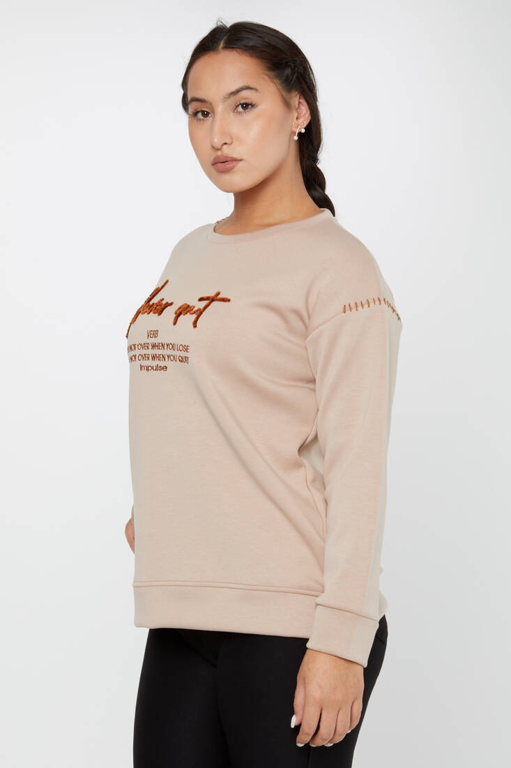 Kadın Sweatshirt Nakışlı Yazı Detaylı Bej - 17785 | KAZEE