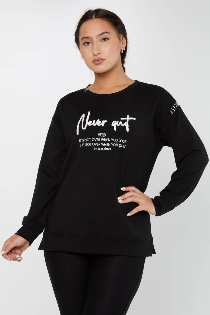 Kadın Sweatshirt Nakışlı Yazı Detaylı Siyah - 17785 | KAZEE