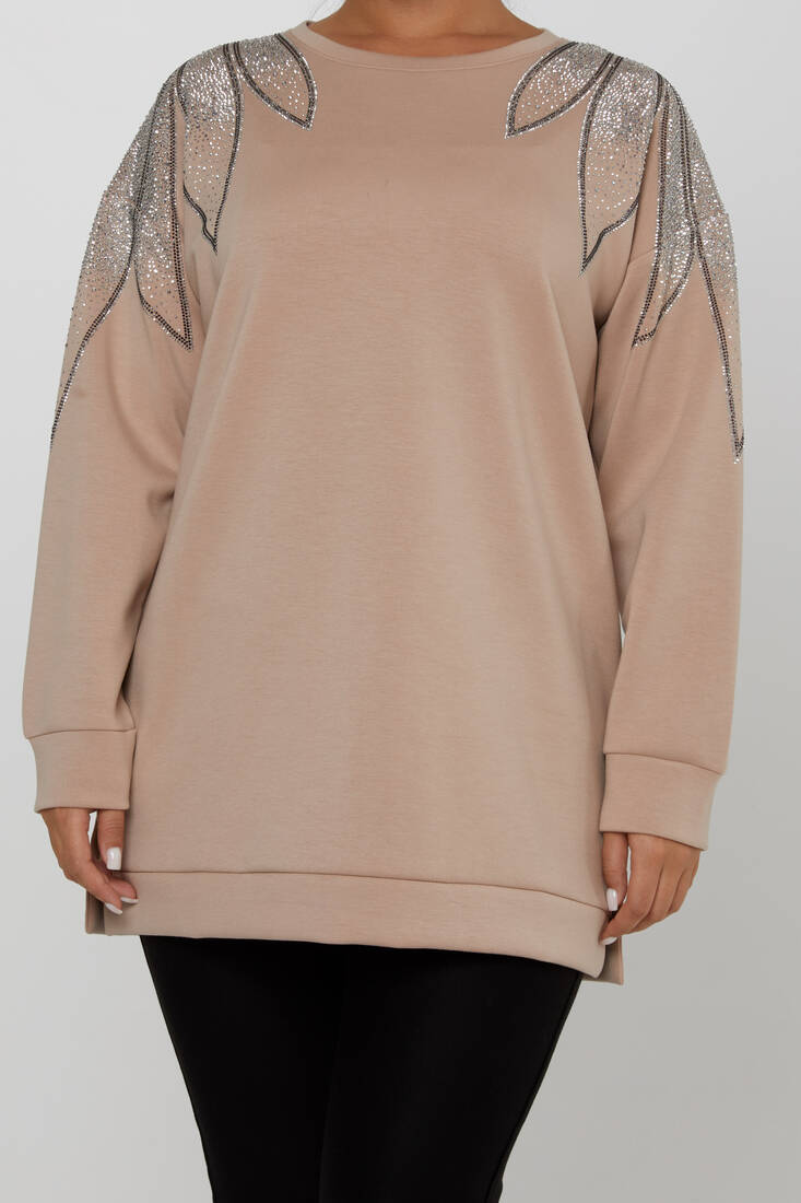 Kadın Sweatshirt Omzu Taş Detaylı Bej - 17854 | KAZEE