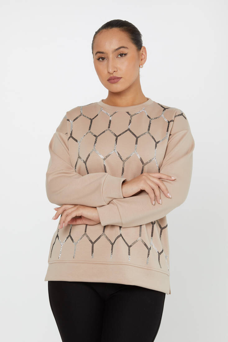 Kadın Sweatshirt Taş Detaylı Bej - 17804| KAZEE