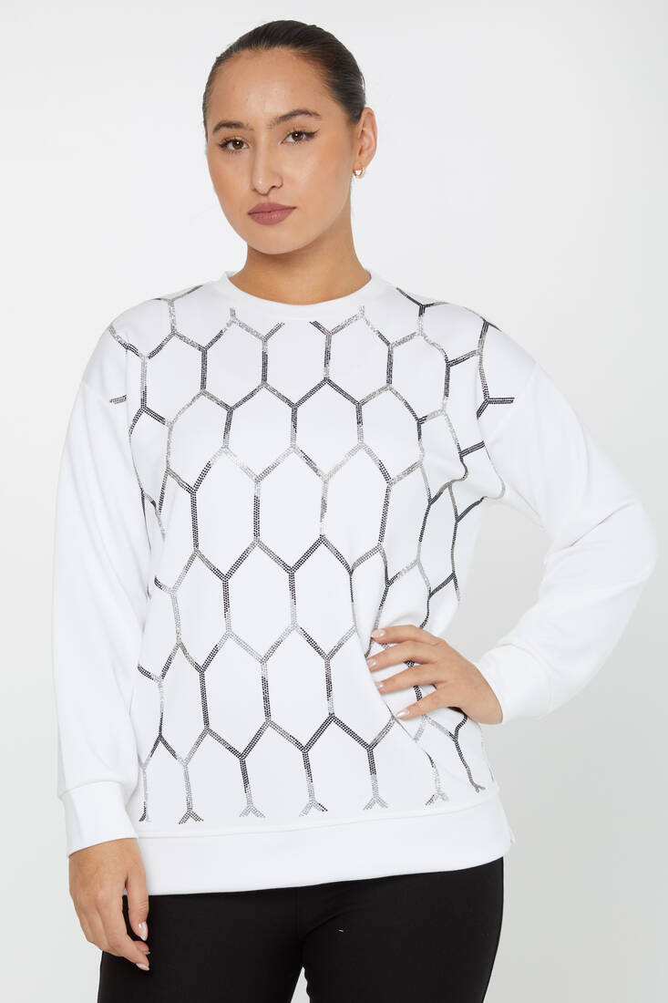 Kadın Sweatshirt Taş Detaylı Ekru - 17804| KAZEE