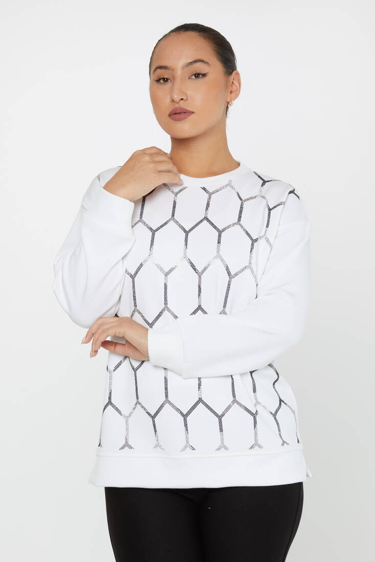 Kadın Sweatshirt Taş Detaylı Ekru - 17804| KAZEE