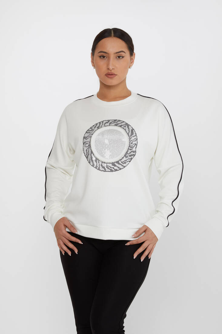 Kadın Sweatshirt Taş Detaylı Ekru - 2237 | KAZEE