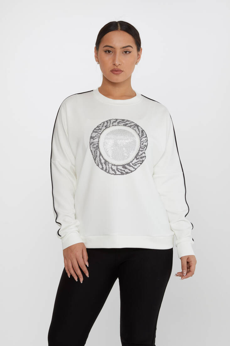 Kadın Sweatshirt Taş Detaylı Ekru - 2237 | KAZEE