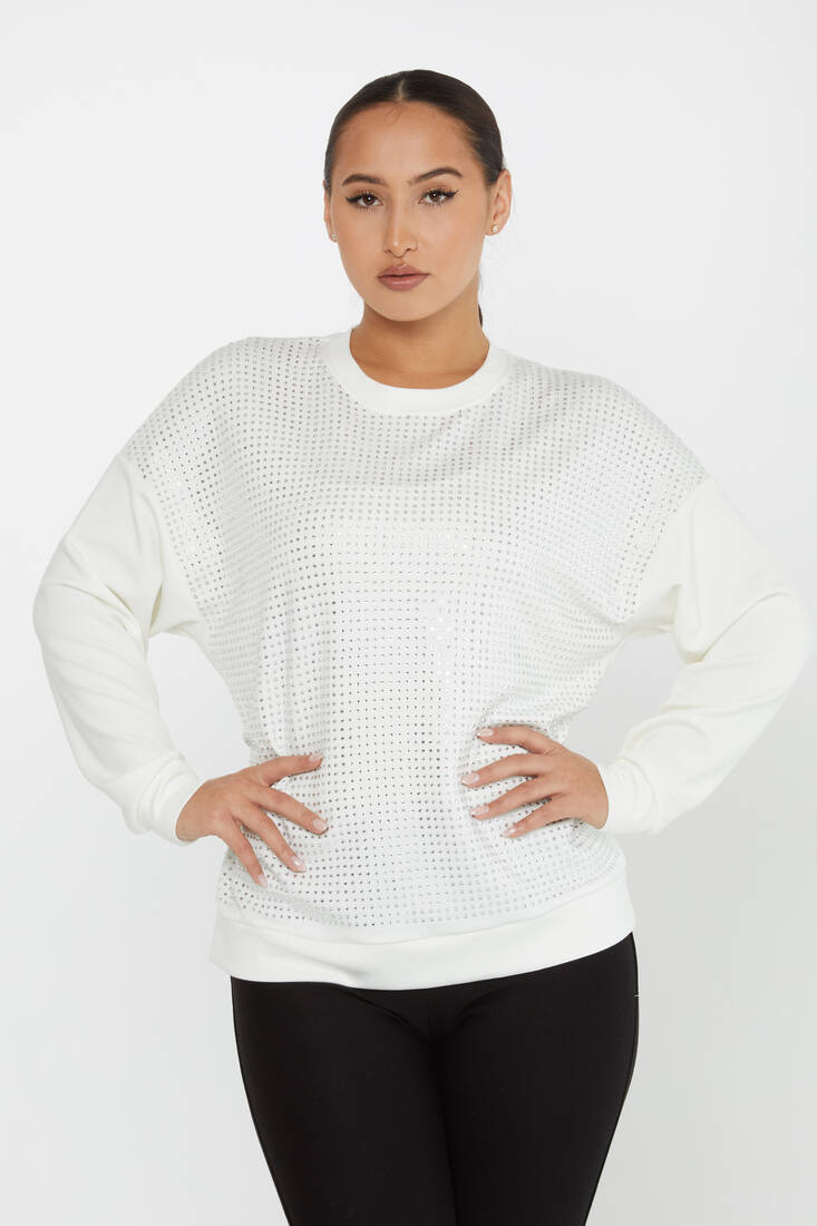 Kadın Sweatshirt Taş Detaylı Ekru - 2239 | KAZEE