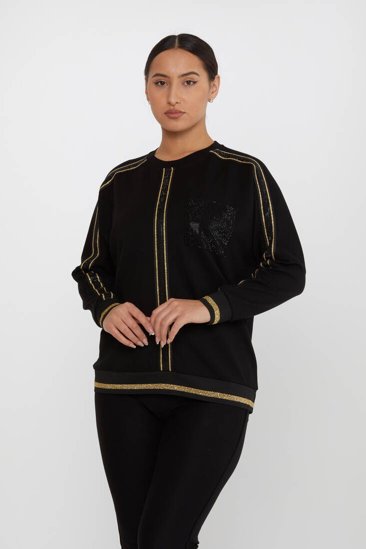 Kadın Sweatshirt Taş Detaylı Siyah-Altın - 2245 | KAZEE