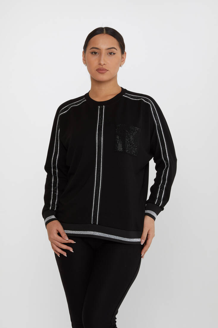 Kadın Sweatshirt Taş Detaylı Siyah-Gümüş - 2245 | KAZEE