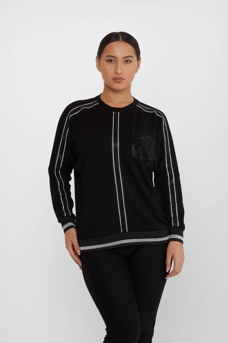 Kadın Sweatshirt Taş Detaylı Siyah-Gümüş - 2245 | KAZEE