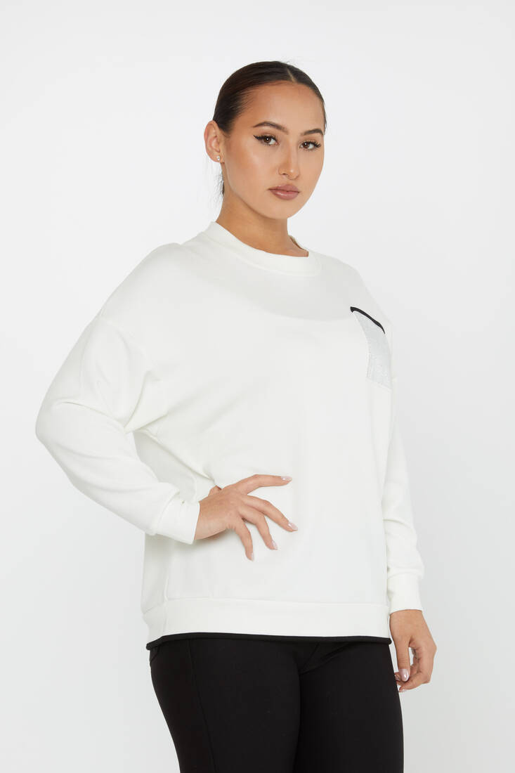 Kadın Sweatshirt Taşlı Cep Detaylı Ekru - 2235 | KAZEE