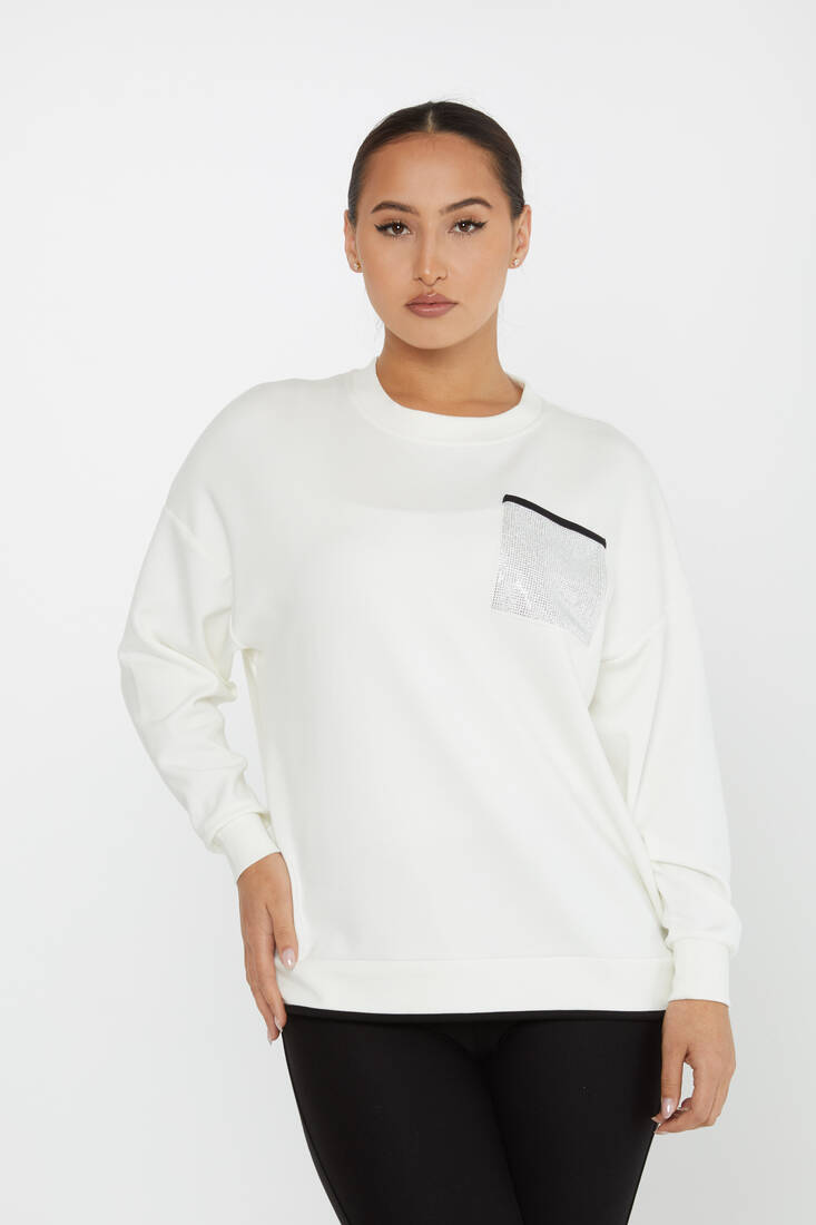 Kadın Sweatshirt Taşlı Cep Detaylı Ekru - 2235 | KAZEE