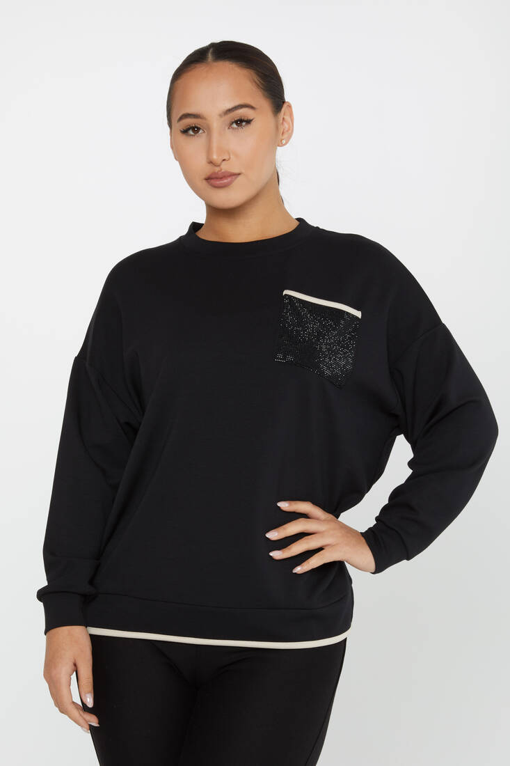 Kadın Sweatshirt Taşlı Cep Detaylı Siyah - 2235 | KAZEE