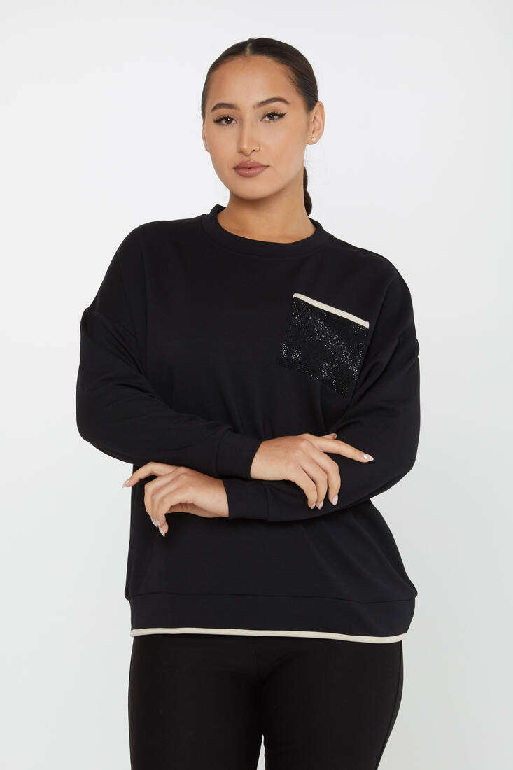 Kadın Sweatshirt Taşlı Cep Detaylı Siyah - 2235 | KAZEE