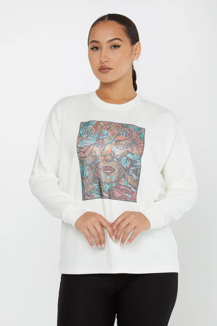 Kadın Sweatshirt Taşlı Kadın Figürlü Ekru - 2247 | KAZEE