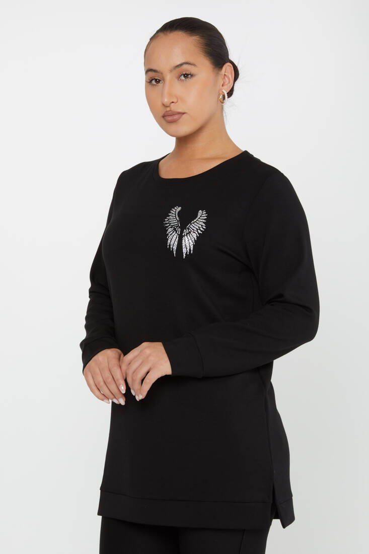 Kadın Sweatshirt Taşlı Kanat Desenli Siyah - 17853 | KAZEE