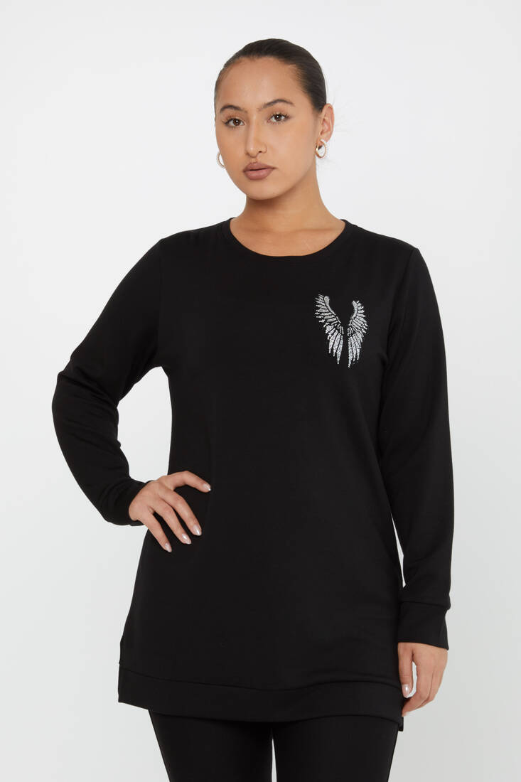 Kadın Sweatshirt Taşlı Kanat Desenli Siyah - 17853 | KAZEE