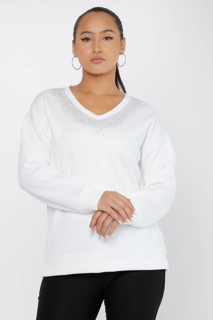 Kadın Sweatshirt Taşlı Uzun Kollu Ekru - 79983| KAZEE